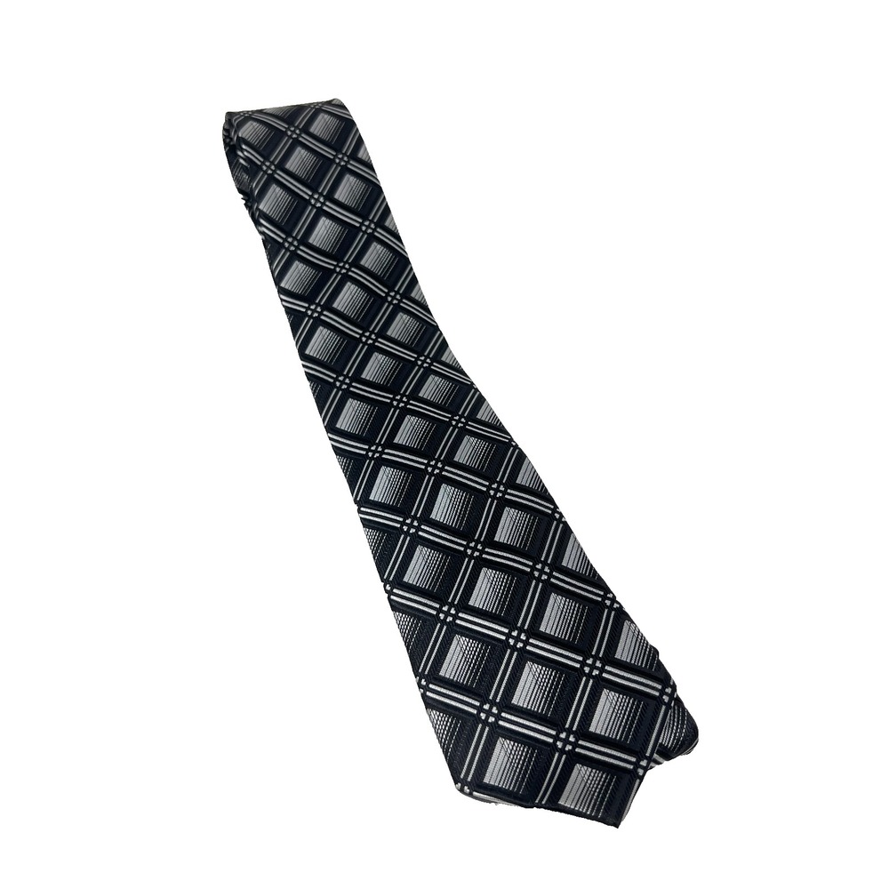 Black Label by Ruffini Italy Silk Men's Tie Geometric Black Gray and White